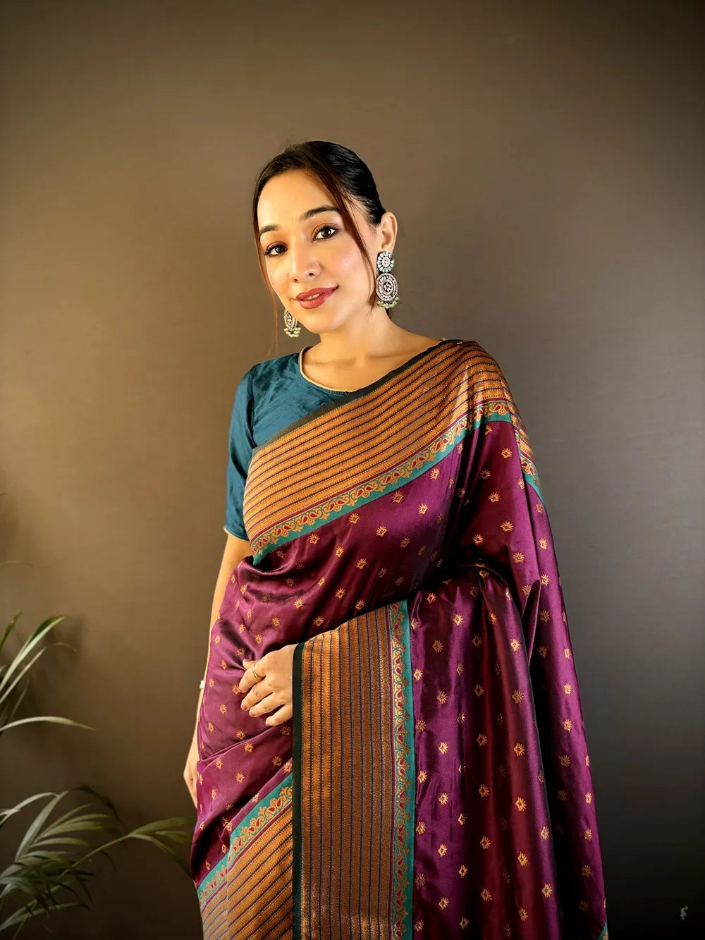 Paithani Silk Saree with Rich Copper Zari Weaving & Free Blouse (Magenta)